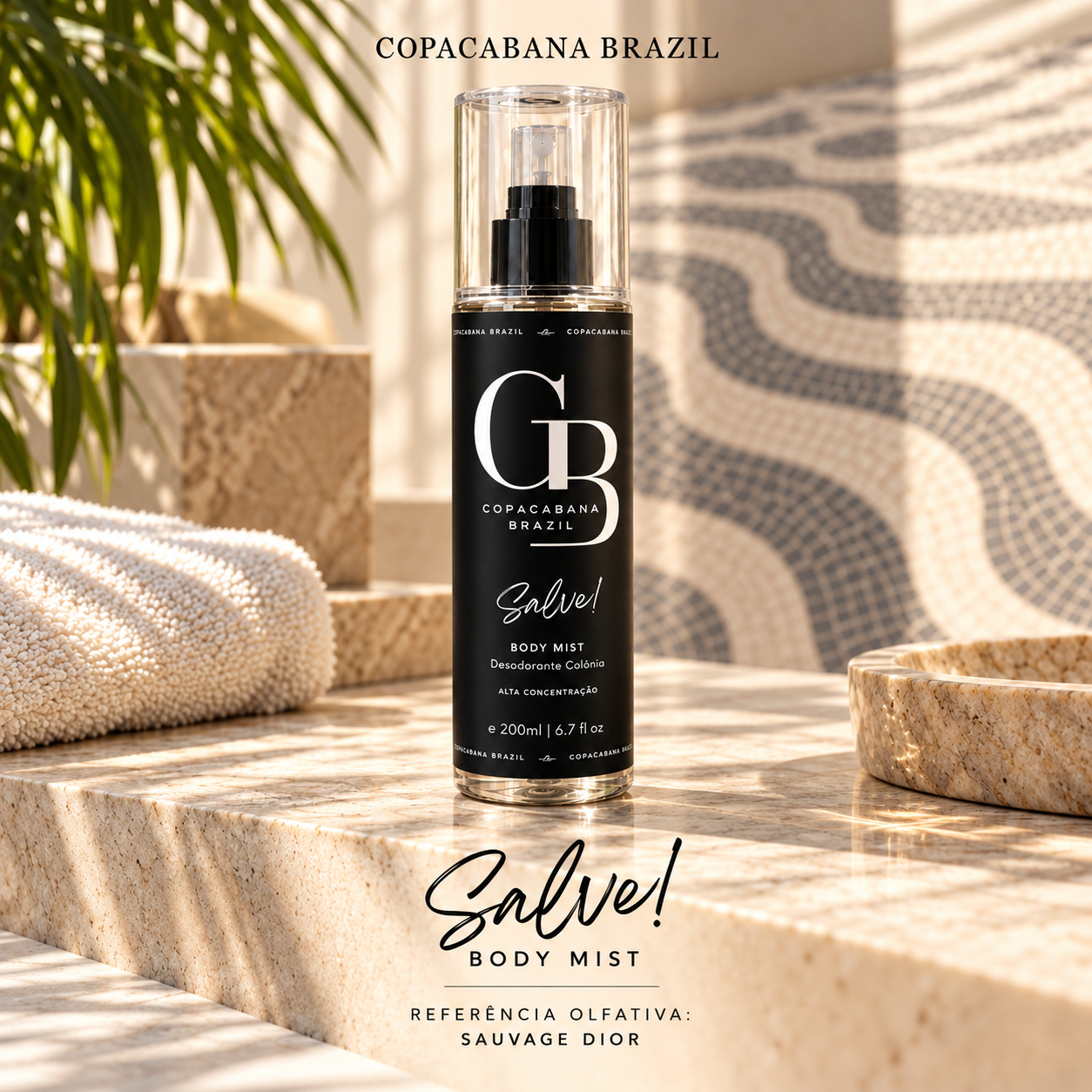 Body Splash Salve! 200 ml sobre bancada de pedra com luz natural e grafismo do calçadão de Copacabana