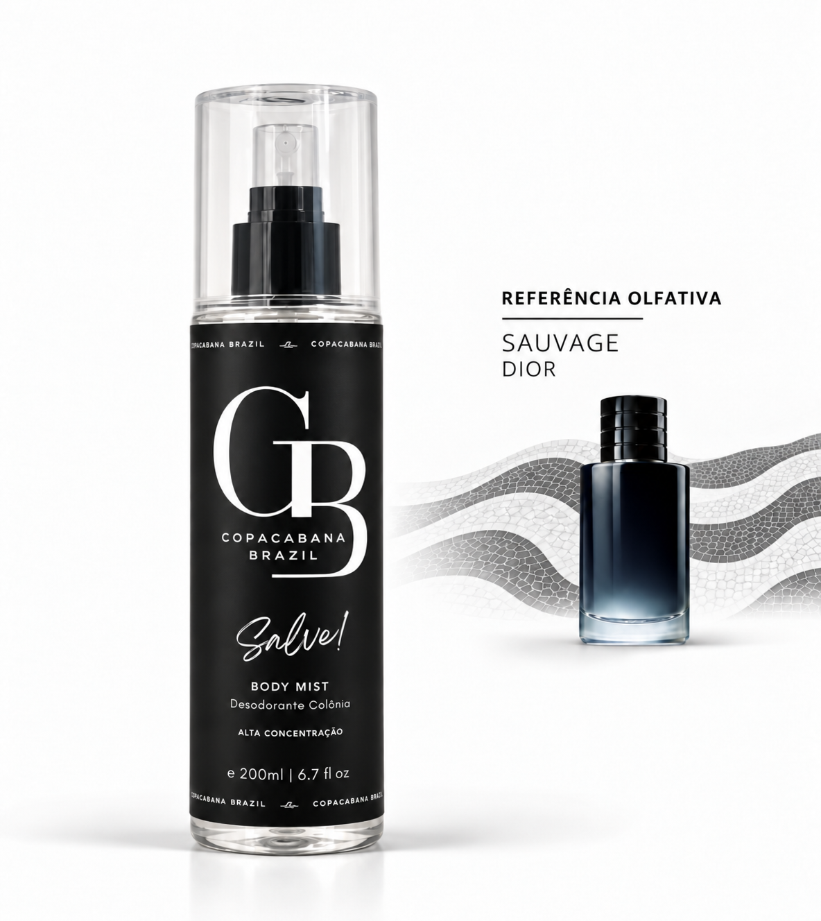 Body Splash Salve! Copacabana Brazil 200 ml com rótulo preto, acompanhado de sua referência olfativa