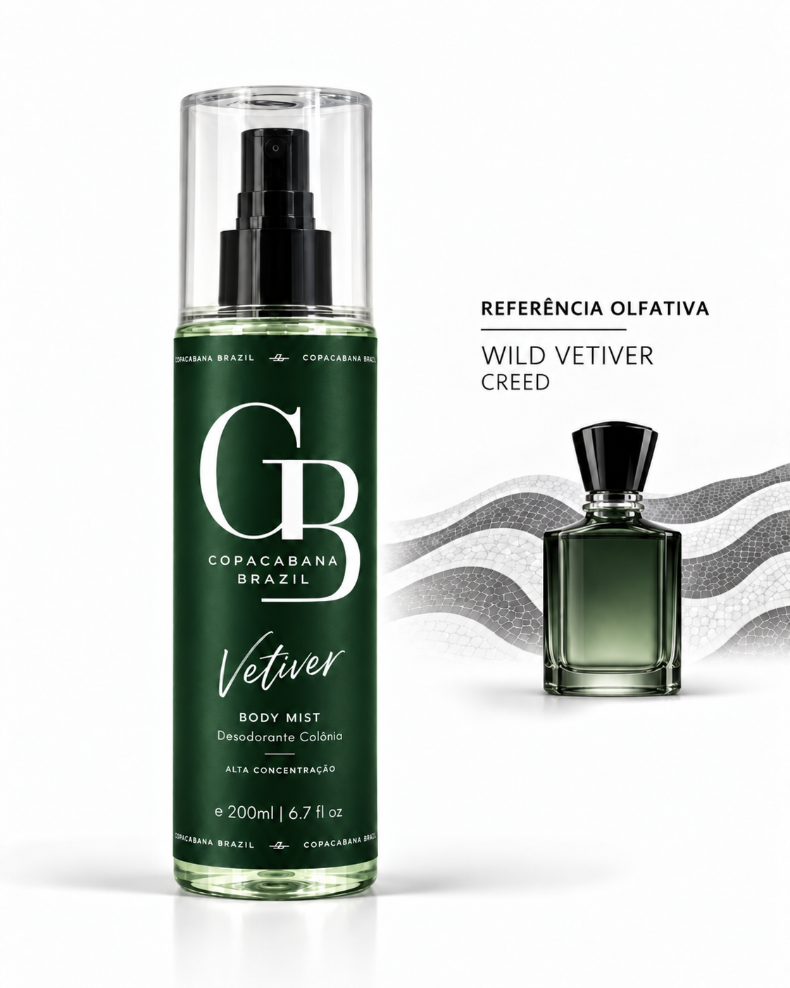 Body Splash Vetiver Copacabana Brazil 200 ml com rótulo verde e referência olfativa Wild Vetiver