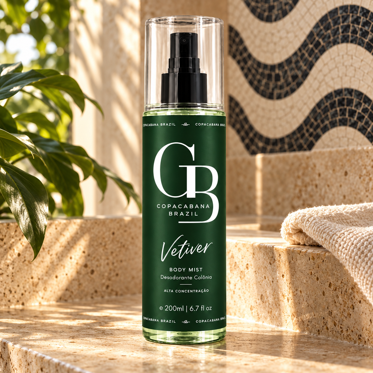 Body Splash Vetiver 200 ml sobre bancada de pedra com folhagens e mosaico do calçadão de Copacabana